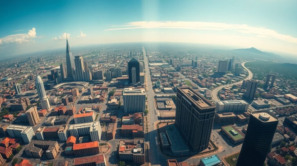 Kilátás Nairobi városáról a KICC torony tetejéről, zöld parkokkal és épületekkel.