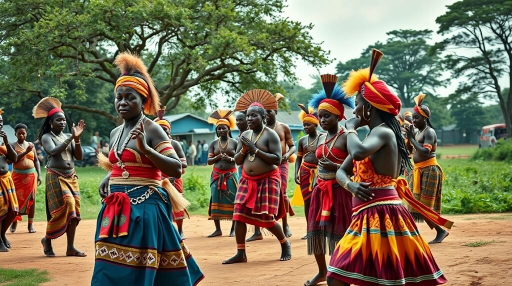 Törzsi táncosok jellemző viseletben Nairobi közelében