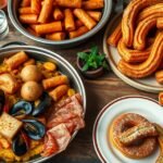 Spanyol ételek: paella, churros és jamón egy tányéron.