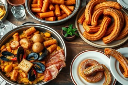 Spanyol ételek: paella, churros és jamón egy tányéron.