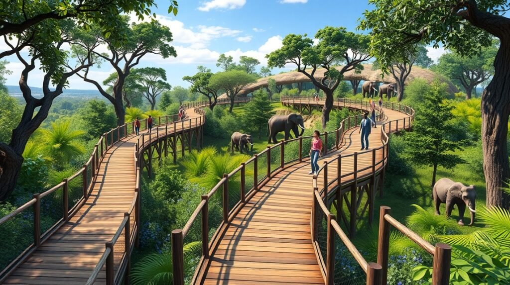 Nairobi Safari Walk pallói, afrikai elefántok és látogatók a sétaúton