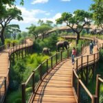 Nairobi Safari Walk pallói, afrikai elefántok és látogatók a sétaúton