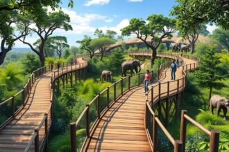 Nairobi Safari Walk pallói, afrikai elefántok és látogatók a sétaúton