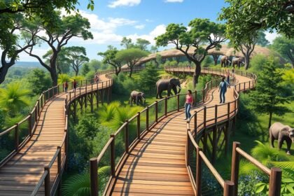 Nairobi Safari Walk pallói, afrikai elefántok és látogatók a sétaúton