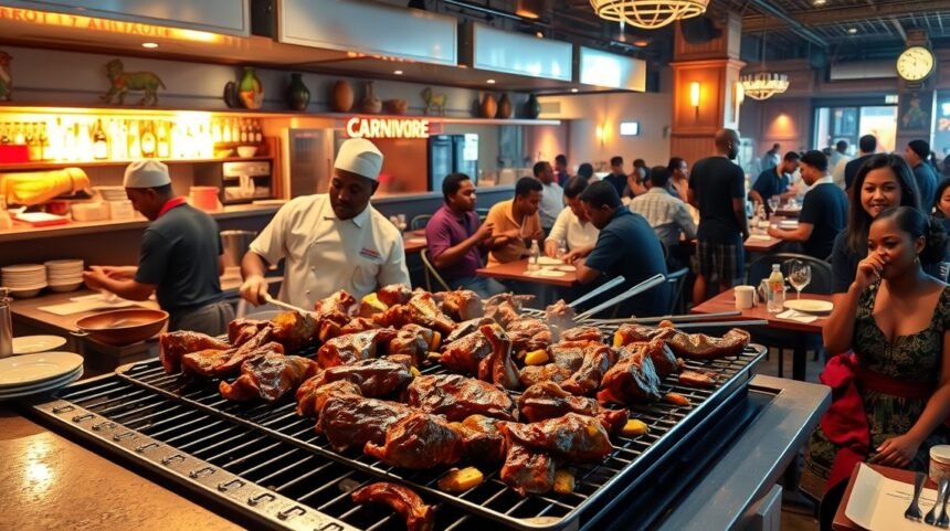 Füstölt Nyama Choma a Carnivore étteremben Nairobiban