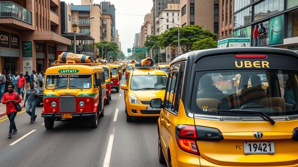 Nairobi közlekedése: matatu és Uber taxisor a városban