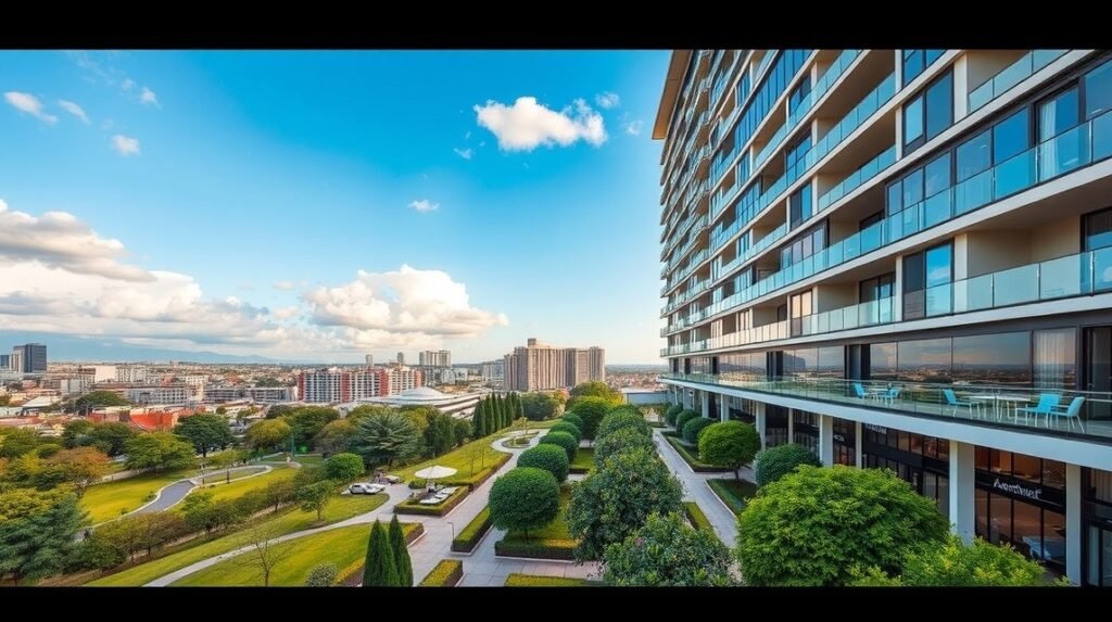 Modern szálloda kilátással Nairobira és zöld területekkel.