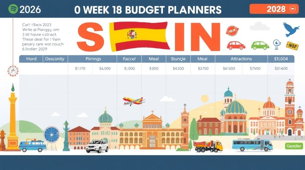 Budget planning for a week in Spain in 2026, featuring costs for accommodation, meals, and attractions.