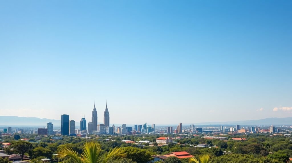 Nairobi városképe, kék ég és felhőkarcolók