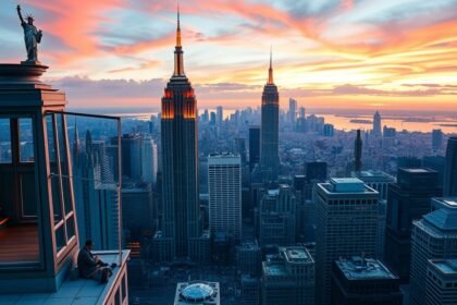 Panoráma az Empire State Building kilátójából New York felett naplementekor.