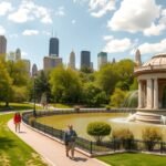 A Bethesda szökőkút a Central Parkban, háttérben New York felhőkarcolói.