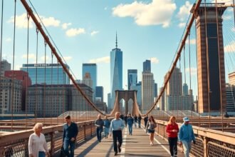 Séta a Brooklyn-hídon, gyönyörű kilátással Manhattan felé.