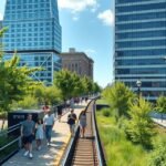 A High Line park Manhattanban, sétáló emberekkel és zöld növényzettel.