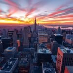 Panoráma New Yorkról a Top of the Rock csúcsáról naplementekor