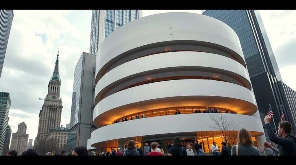 Guggenheim Múzeum spirálépülete New Yorkban, látogatók a galérián.