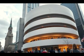 Guggenheim Múzeum spirálépülete New Yorkban, látogatók a galérián.