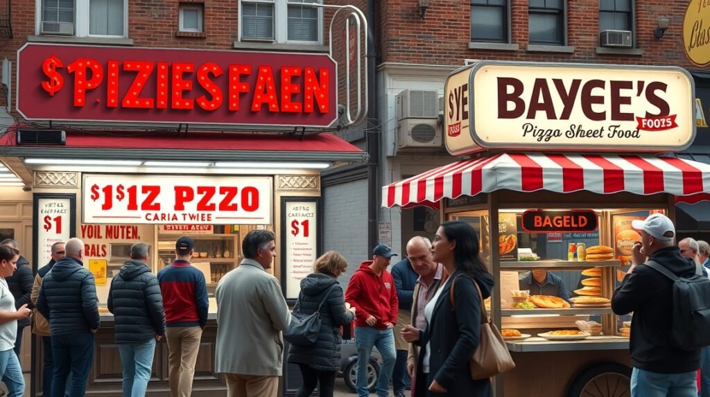 New York utcai ételek: 1 dolláros pizza és bagel árusok