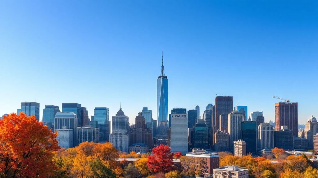 New York városkép ősszel, színes fák és felhőkarcolók.