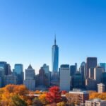 New York városkép ősszel, színes fák és felhőkarcolók.