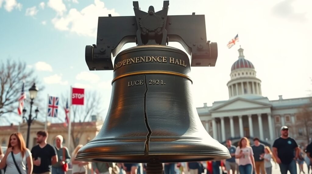 A Szabadság Harang közelről, mögötte az Independence Hall látható