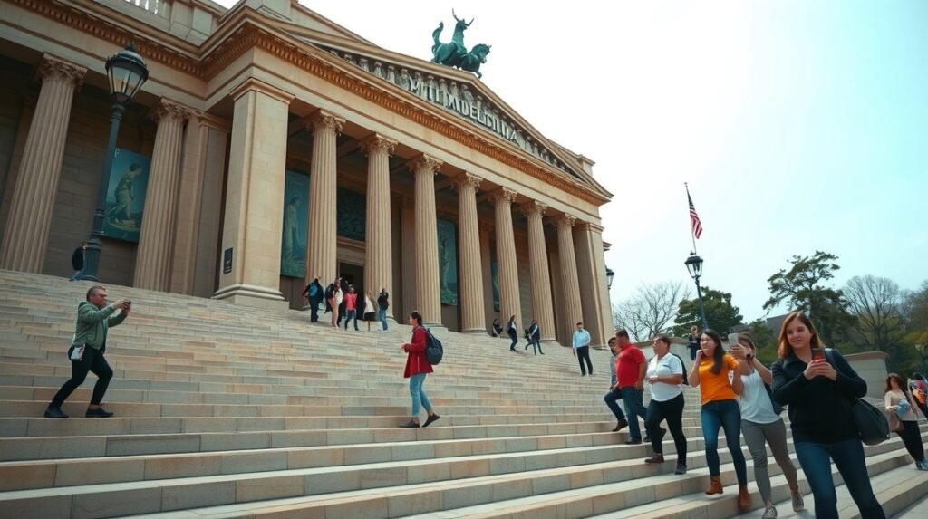 Látogatók a Philadelphia Művészeti Múzeumnál a Rocky-lépcsőn.