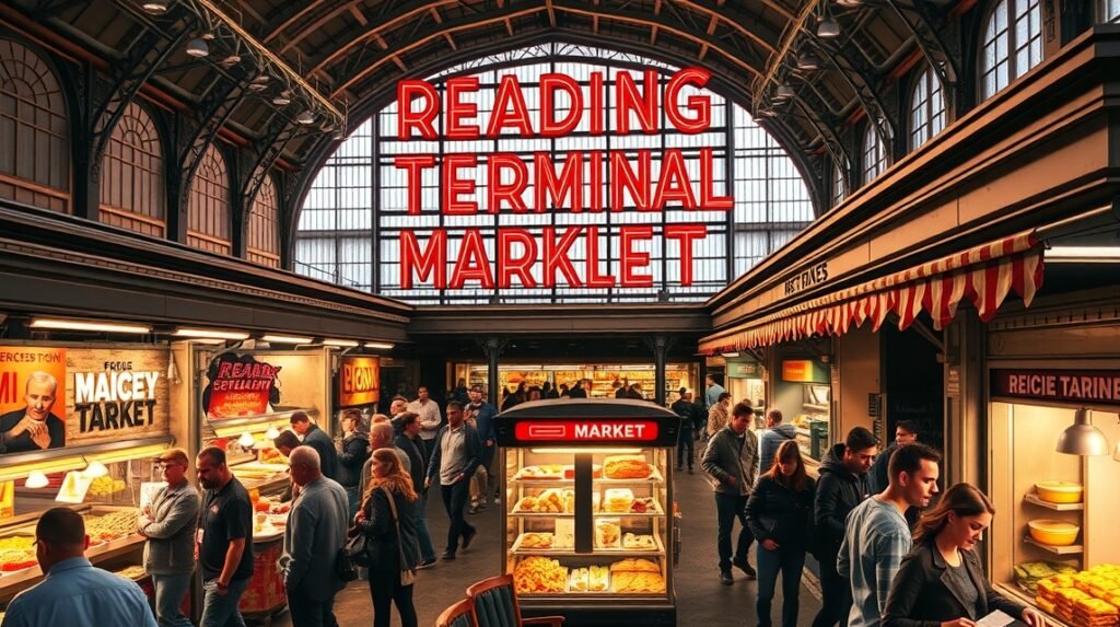 Reading Terminal Market belső látképe élénk színekkel és látogatókkal.