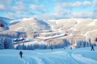 Téli síparadicsom, felvonóval és síelőkkel, hóval borítva