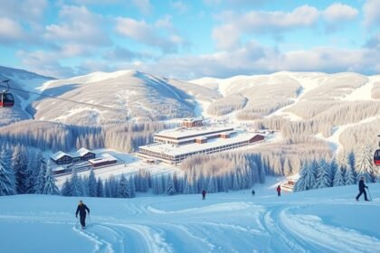 Téli síparadicsom, felvonóval és síelőkkel, hóval borítva