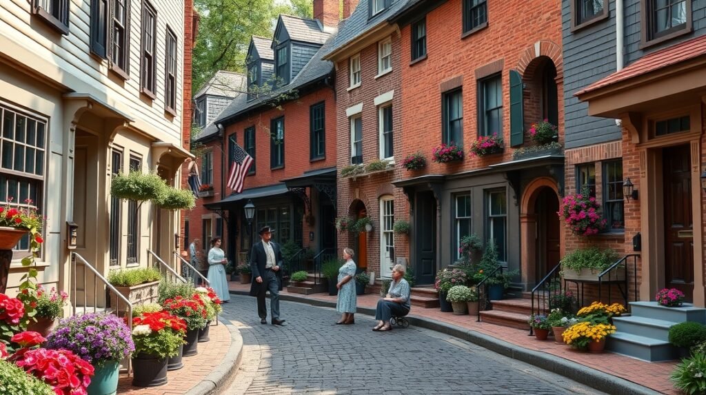 Elfreth's Alley, a historic street in Philadelphia with colonial houses.