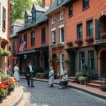 Elfreth's Alley, a historic street in Philadelphia with colonial houses.