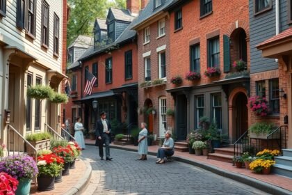 Elfreth's Alley, a historic street in Philadelphia with colonial houses.