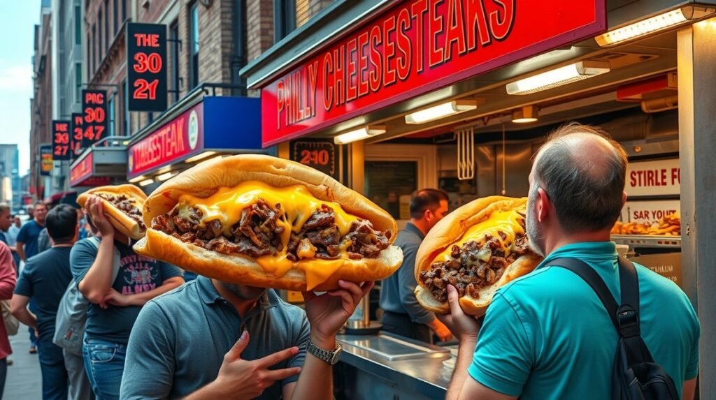 Két ember eszik Philly Cheesesteak szendvicset Philadelphia utcáin.