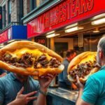 Két ember eszik Philly Cheesesteak szendvicset Philadelphia utcáin.