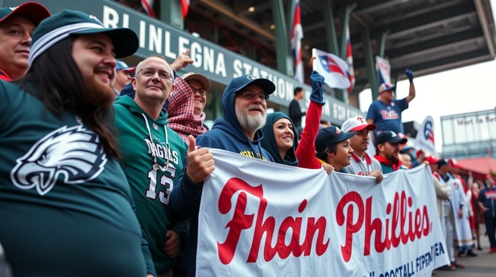Philadelphia Eagles and Phillies fans celebrating at the stadium.