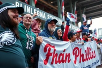 Philadelphia Eagles and Phillies fans celebrating at the stadium.