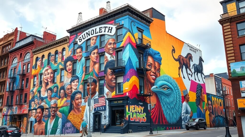 Színes falfestmények Philadelphia városában, közösségi történetekkel.