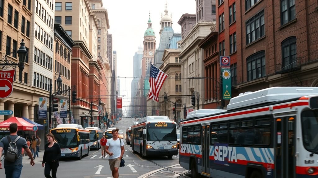 Közlekedés Philadelphia belvárosában, SEPTA buszokkal és amerikai zászlóval.