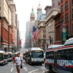 Közlekedés Philadelphia belvárosában, SEPTA buszokkal és amerikai zászlóval.