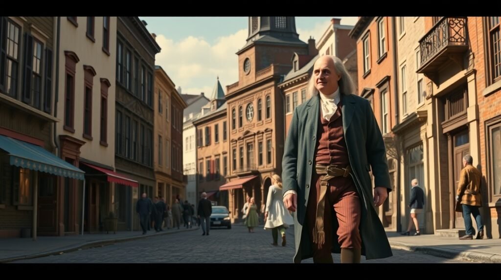 Benjamin Franklin sétál a történelmi Philadelphia utcáin.