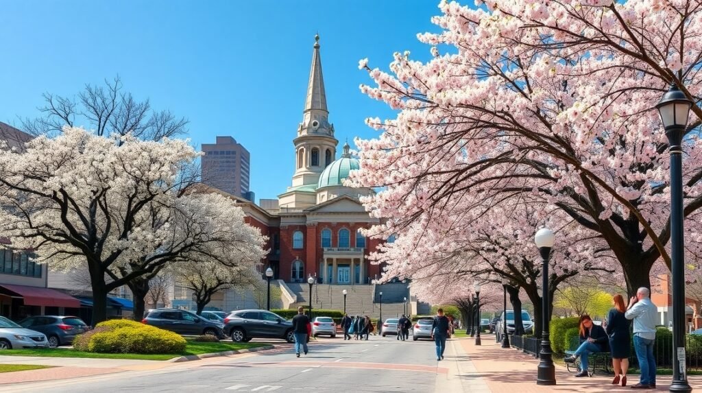 Tavaszi időjárás Philadelphia városában, virágzó fákkal.