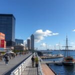 Baltimore Inner Harbor kikötői sétánya éttermekkel és hajókkal.