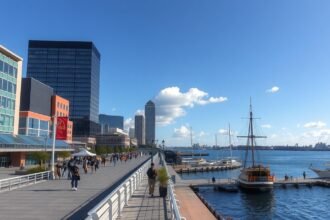 Baltimore Inner Harbor kikötői sétánya éttermekkel és hajókkal.