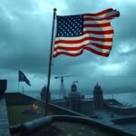 Fort McHenry amerikai zászlóval, Baltimore látképe.