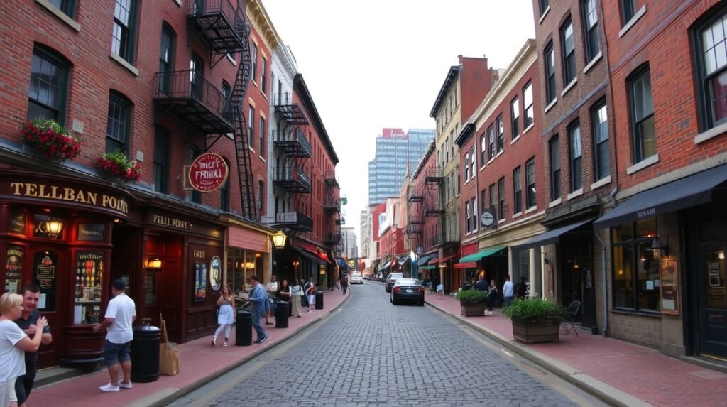 Fells Point macskaköves utcái bárokkal Baltimore városában