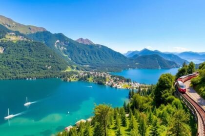 Gyönyörű kilátás a Salzkammerguti tóvidékre és a Schafberg-vasútra nyáron.