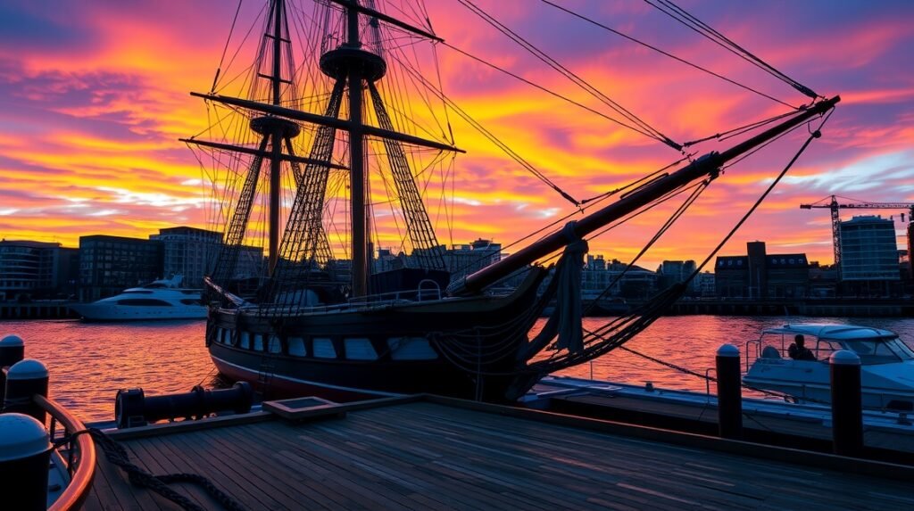 USS Constellation hadihajó naplementében Baltimore-ban