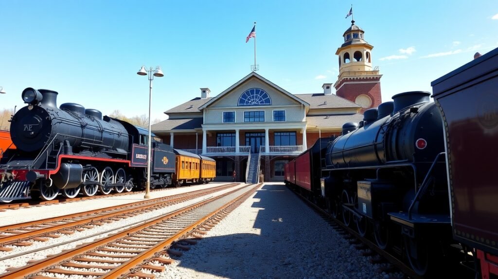 B&O Vasúti Múzeum gőzmozdonyok és vagonok a pályaudvar előtt