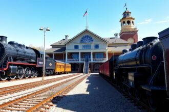 B&O Vasúti Múzeum gőzmozdonyok és vagonok a pályaudvar előtt