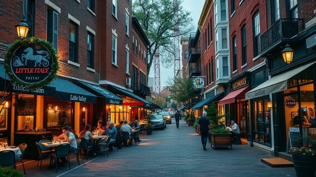 Little Italy negyed Baltimore városában, hangulatos éttermekkel.