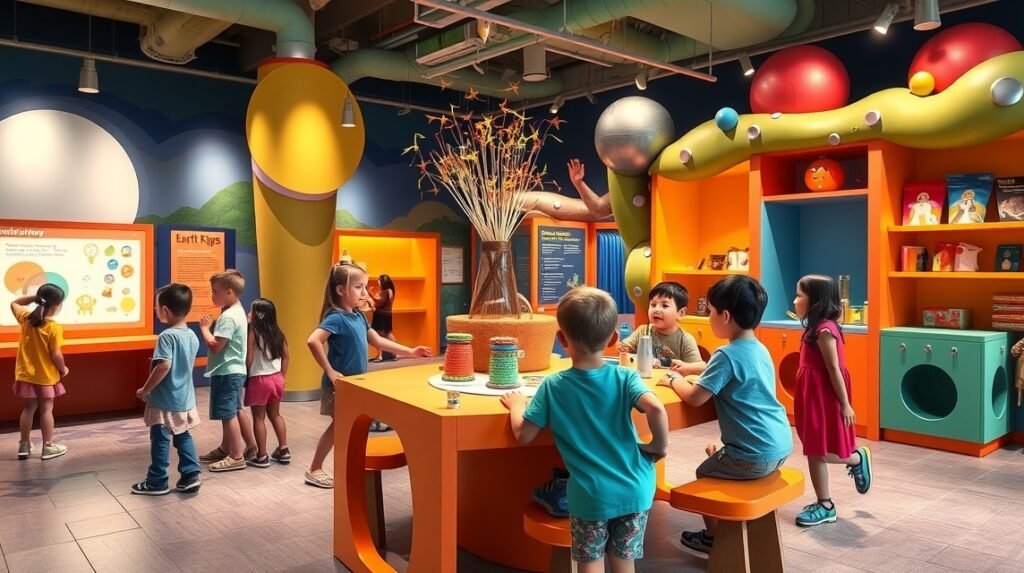 Gyerekek a Port Discovery Gyermekmúzeumban Baltimore-ban, interaktív játékokkal.